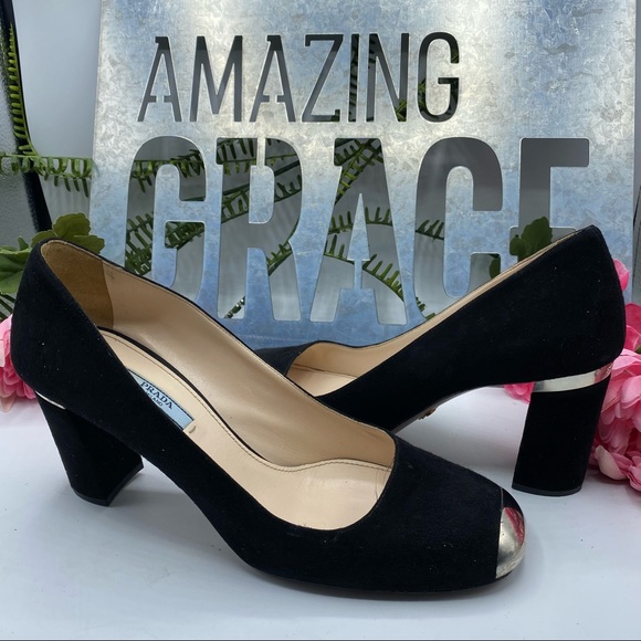 Prada Sz 10 1/2 Black Suede Captoe Silver Logo on Heel - Picture 4 of 10